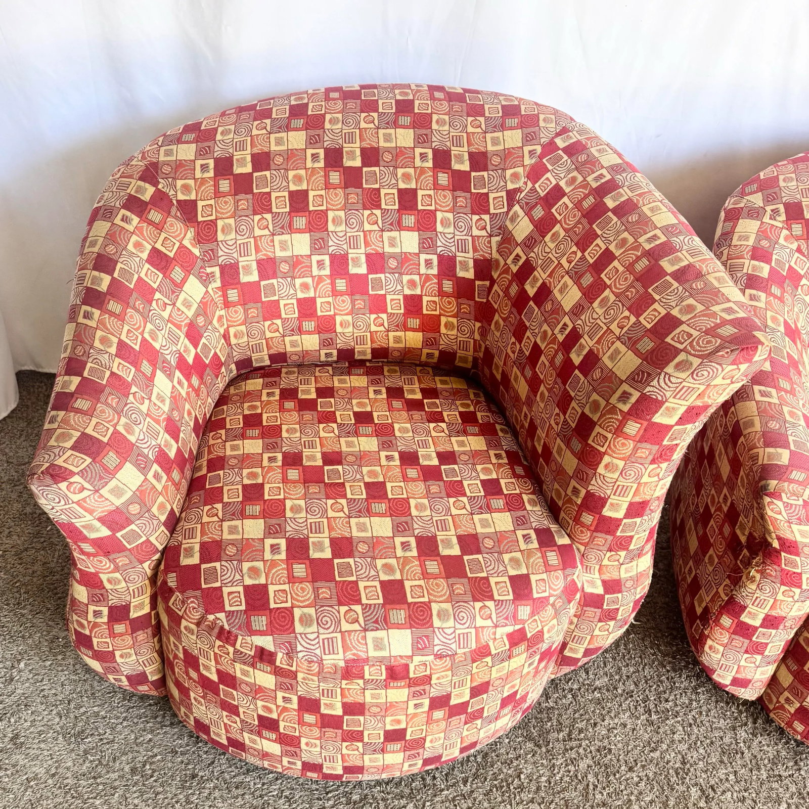 Postmodern Red and Gold Fabric Sculpted Swivel Arm Chairs - A Pair - 6