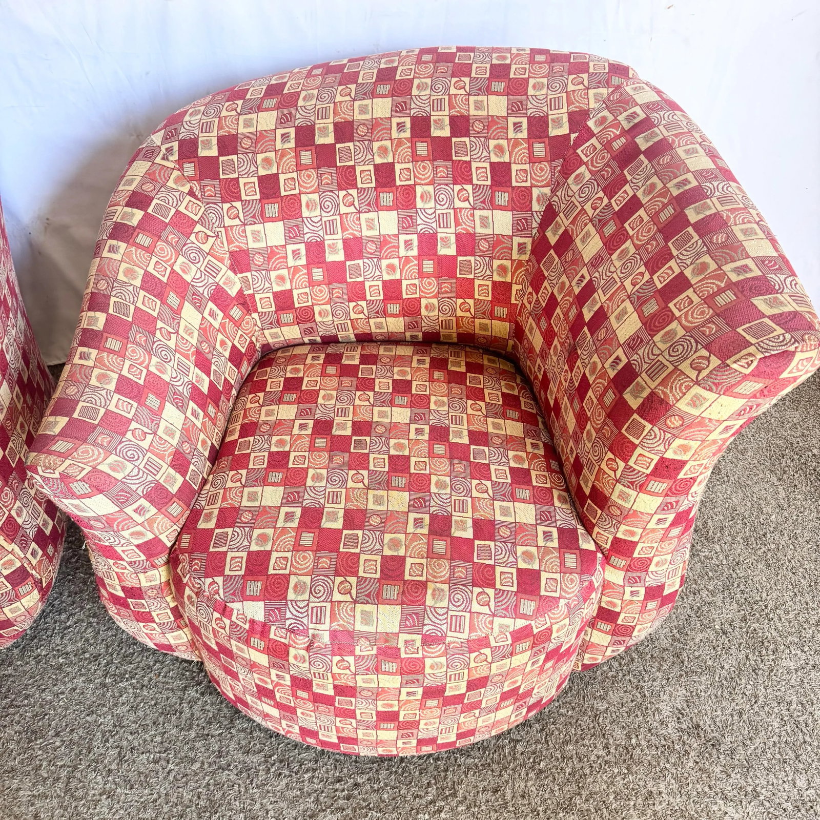 Postmodern Red and Gold Fabric Sculpted Swivel Arm Chairs - A Pair - 7