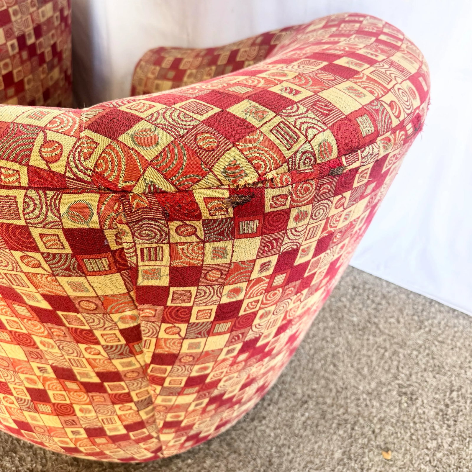 Postmodern Red and Gold Fabric Sculpted Swivel Arm Chairs - A Pair - 8