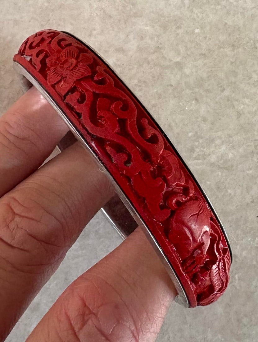 Antique, Cinnabar and Sterling Silver Bangle Bracelet - 3