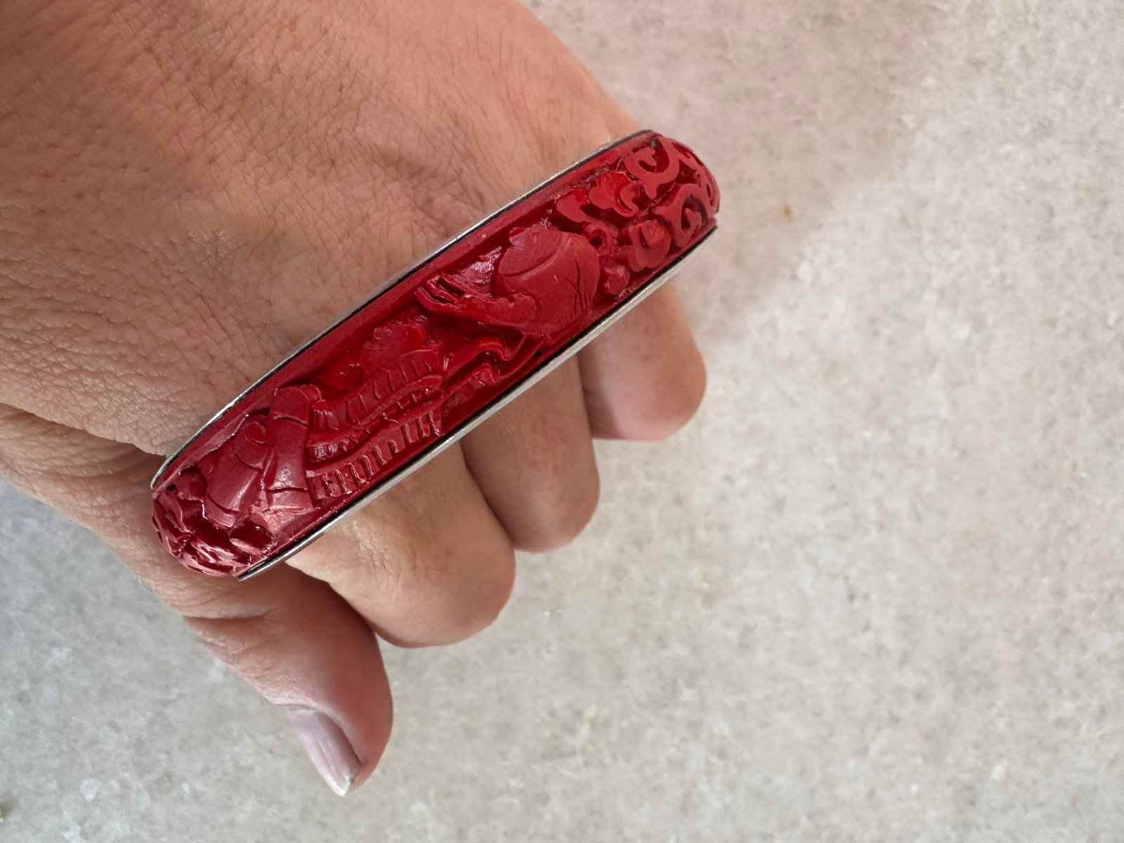 Antique, Cinnabar and Sterling Silver Bangle Bracelet - 6