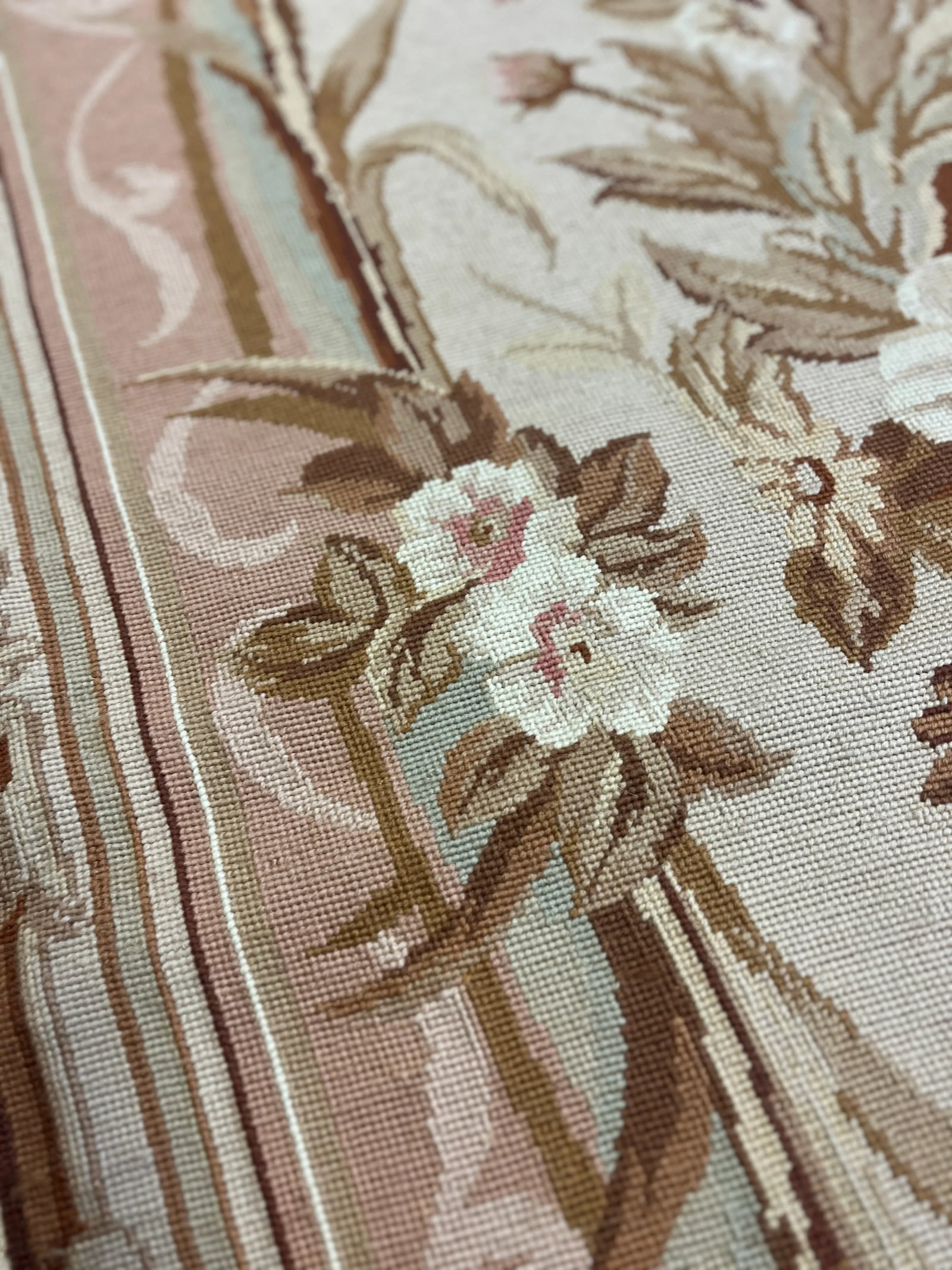 100% Wool Hand Knotted French Aubusson Pair of Runners in Muted Cream/Peach/Pink Floral Pattern - 10