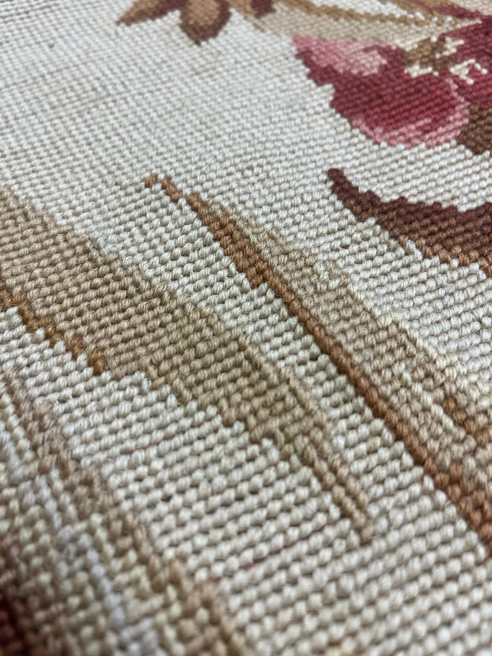 100% Wool Hand Knotted French Aubusson Pair of Runners in Muted Cream/Peach/Pink Floral Pattern - 11