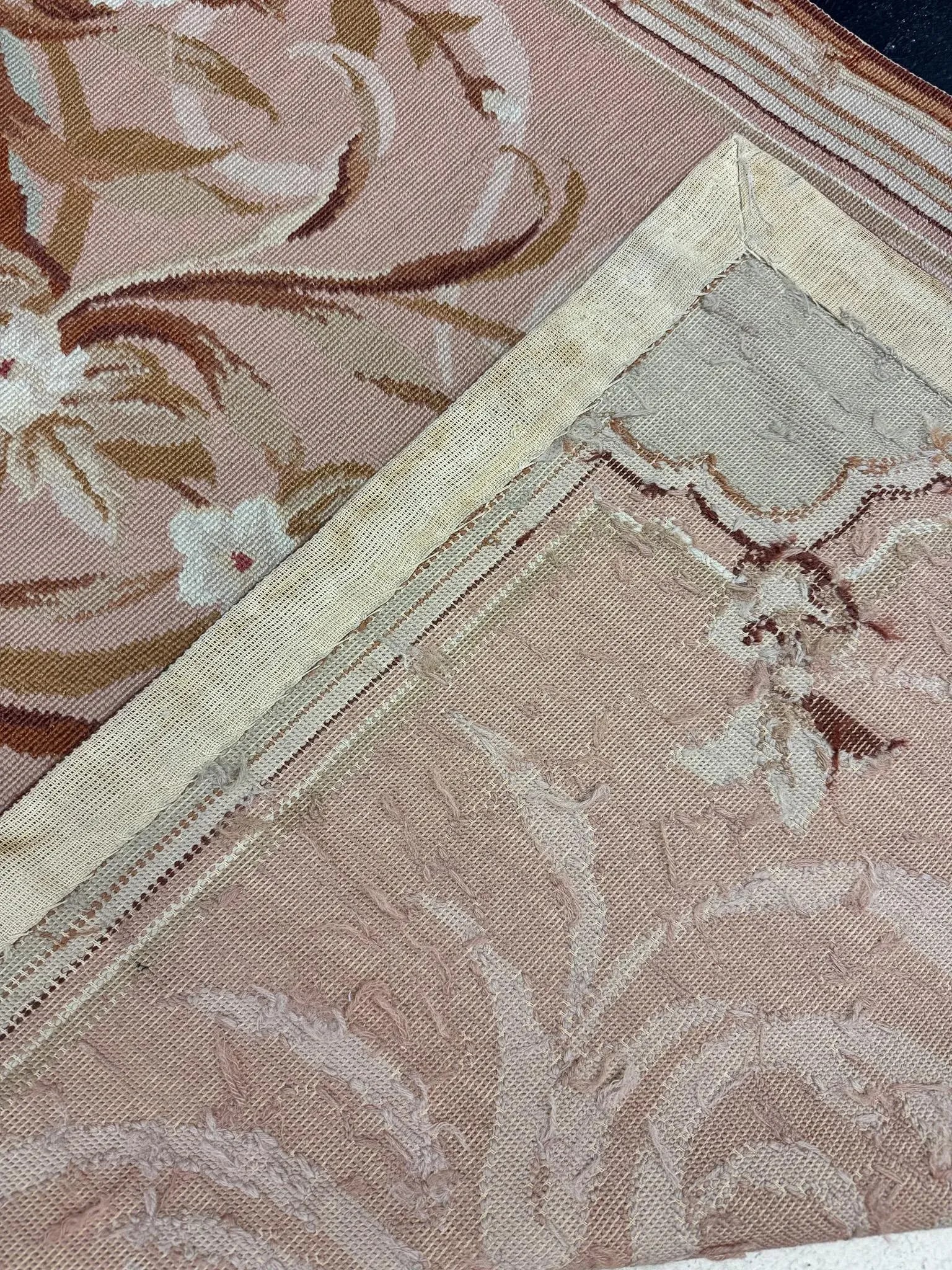 100% Wool Hand Knotted French Aubusson Pair of Runners in Muted Cream/Peach/Pink Floral Pattern - 7