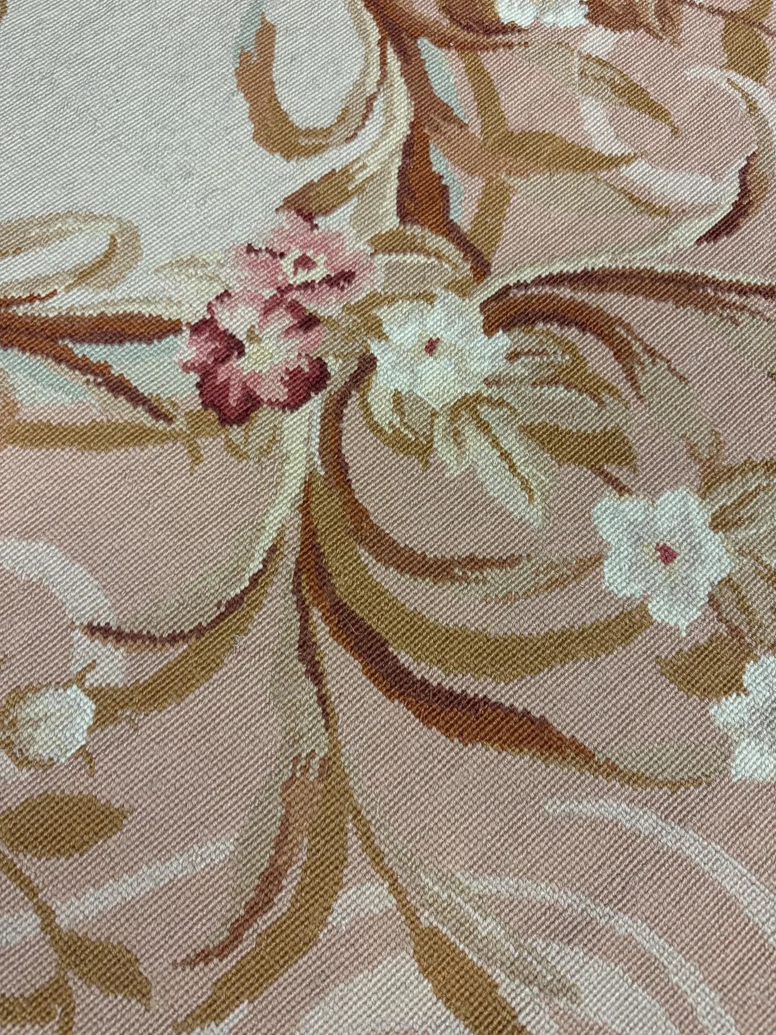 100% Wool Hand Knotted French Aubusson Pair of Runners in Muted Cream/Peach/Pink Floral Pattern - 9