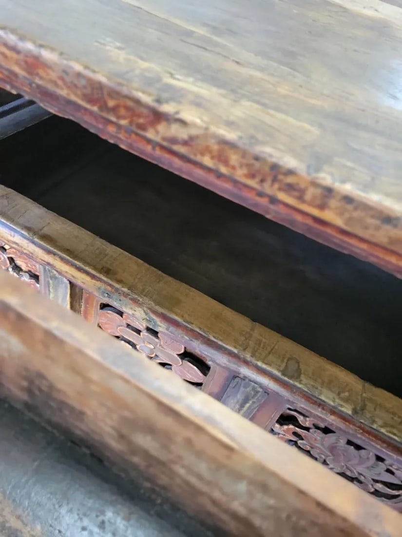 Antique Chinese Red Lacquer Console Table With Hand-Carved Floral Panels, Iron Lock & Collector's - 10