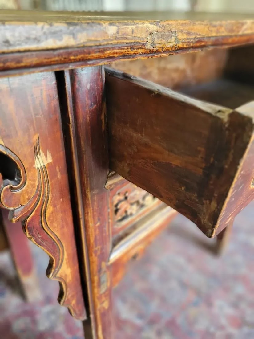 Antique Chinese Red Lacquer Console Table With Hand-Carved Floral Panels, Iron Lock & Collector's - 11