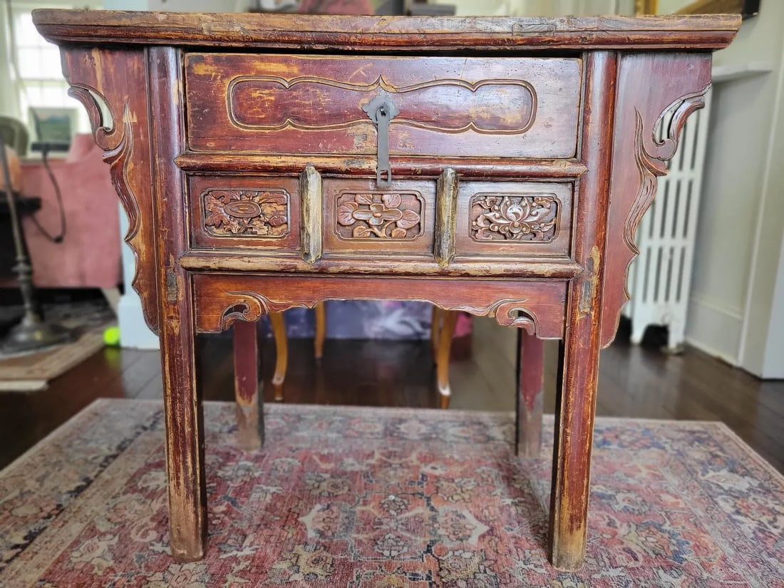 Antique Chinese Red Lacquer Console Table With Hand-Carved Floral Panels, Iron Lock & Collector's - 12