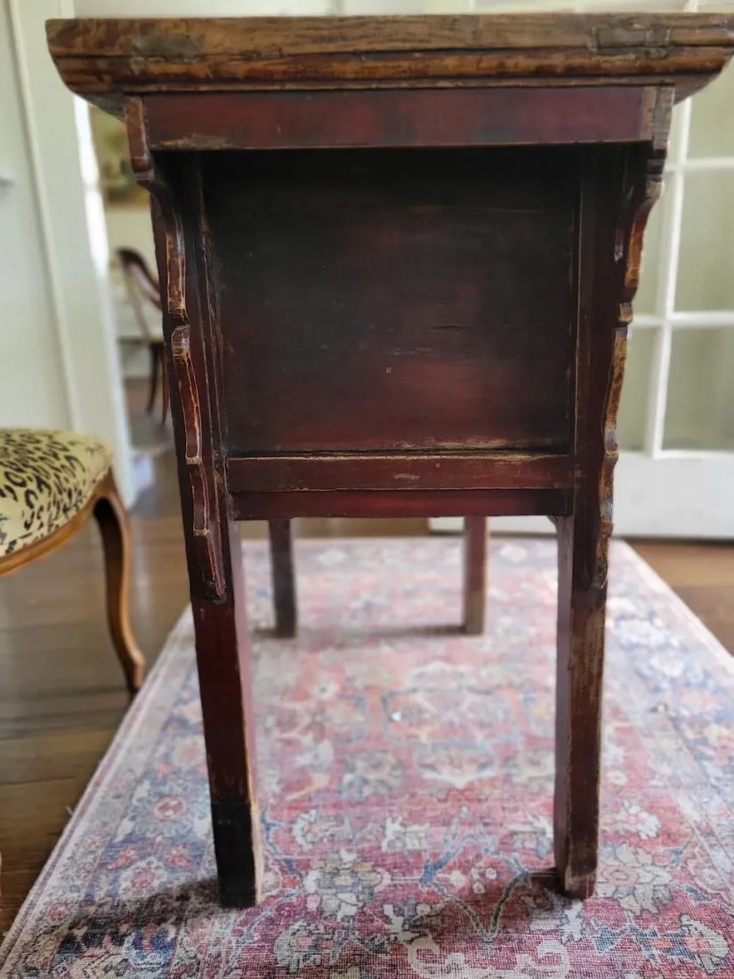 Antique Chinese Red Lacquer Console Table With Hand-Carved Floral Panels, Iron Lock & Collector's - 15