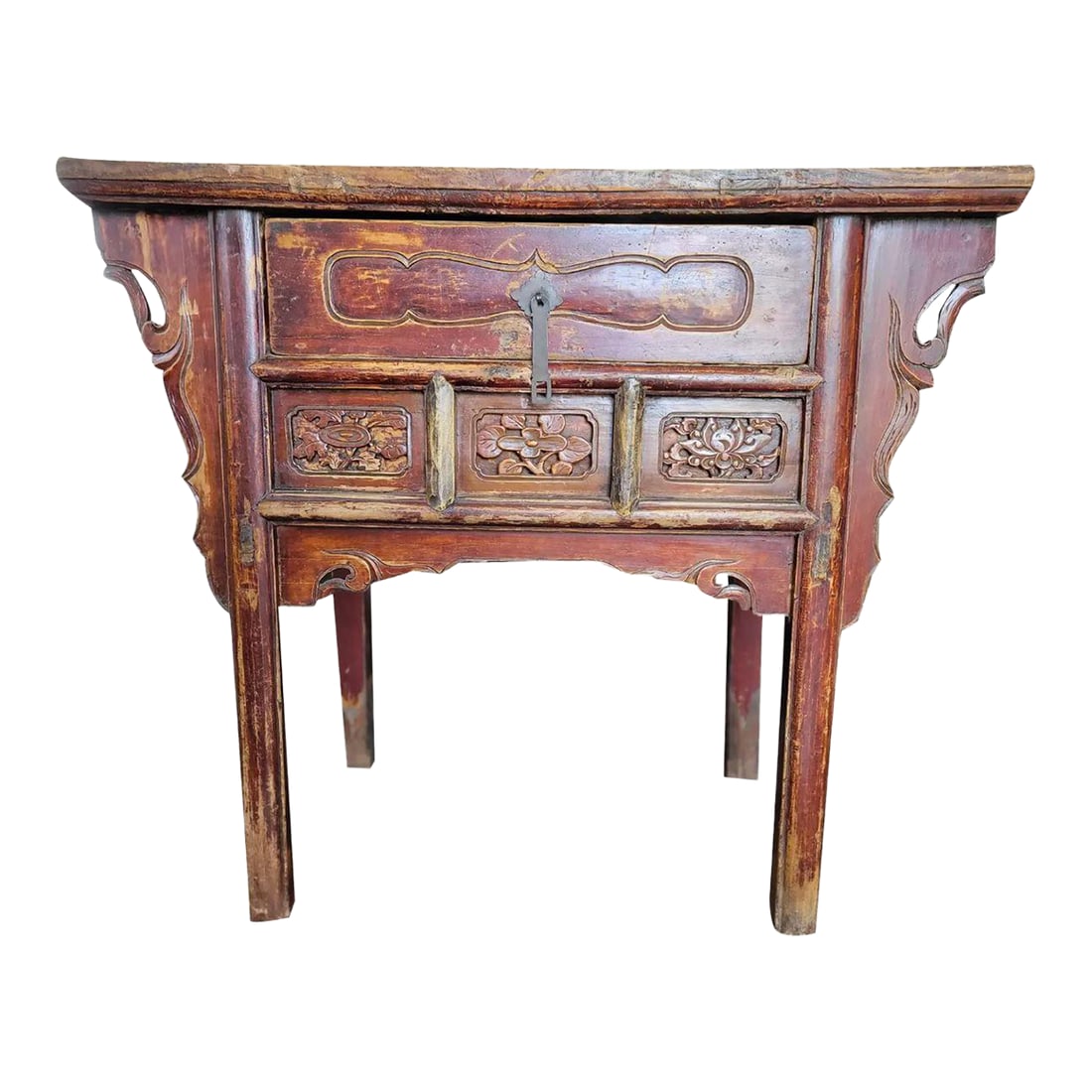 Antique Chinese Red Lacquer Console Table With Hand-Carved Floral Panels, Iron Lock & Collector's (1 of 15)