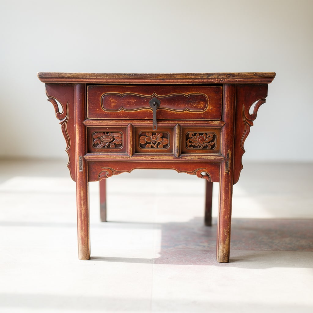 Antique Chinese Red Lacquer Console Table With Hand-Carved Floral Panels, Iron Lock & Collector's - 3