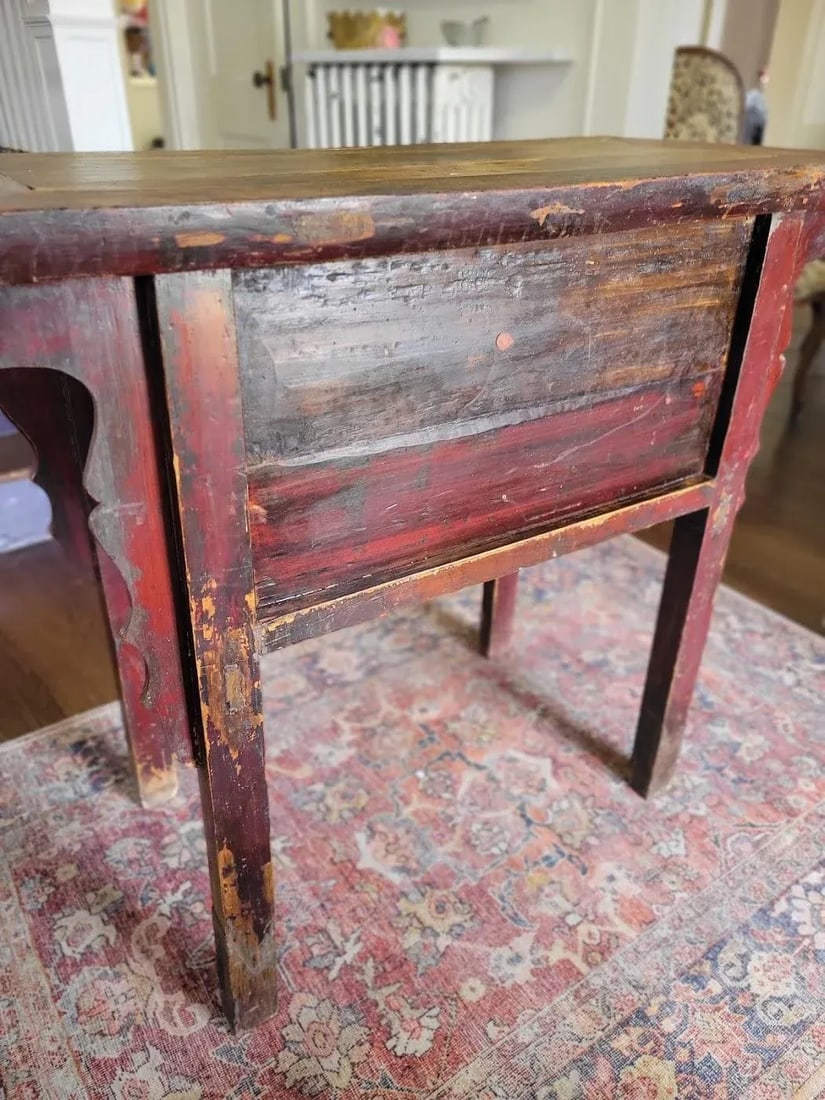 Antique Chinese Red Lacquer Console Table With Hand-Carved Floral Panels, Iron Lock & Collector's - 5