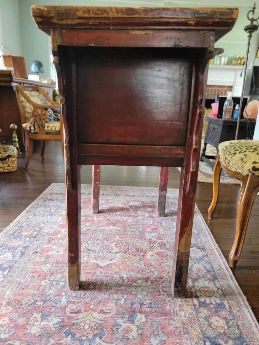 Antique Chinese Red Lacquer Console Table With Hand-Carved Floral Panels, Iron Lock & Collector's - 6