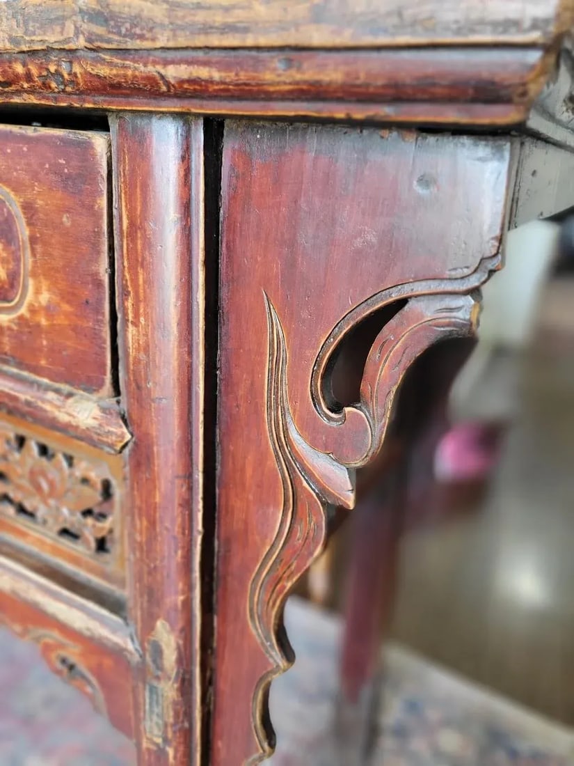Antique Chinese Red Lacquer Console Table With Hand-Carved Floral Panels, Iron Lock & Collector's - 7