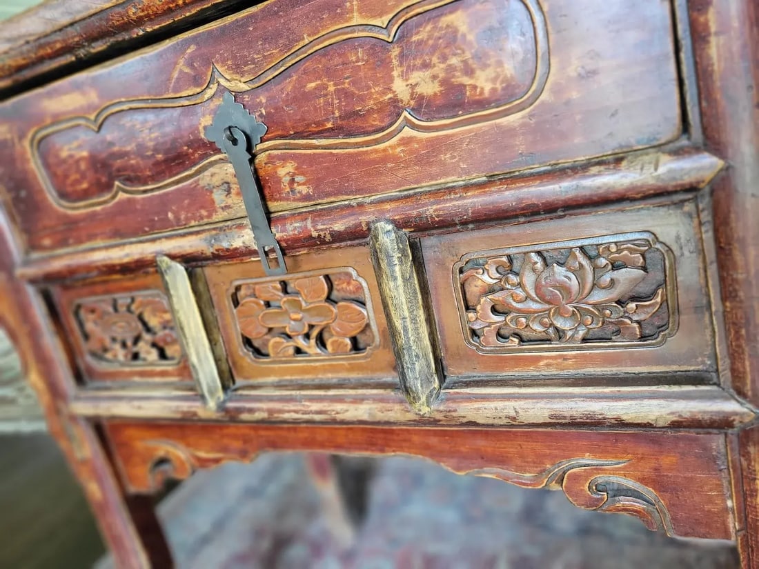 Antique Chinese Red Lacquer Console Table With Hand-Carved Floral Panels, Iron Lock & Collector's - 8