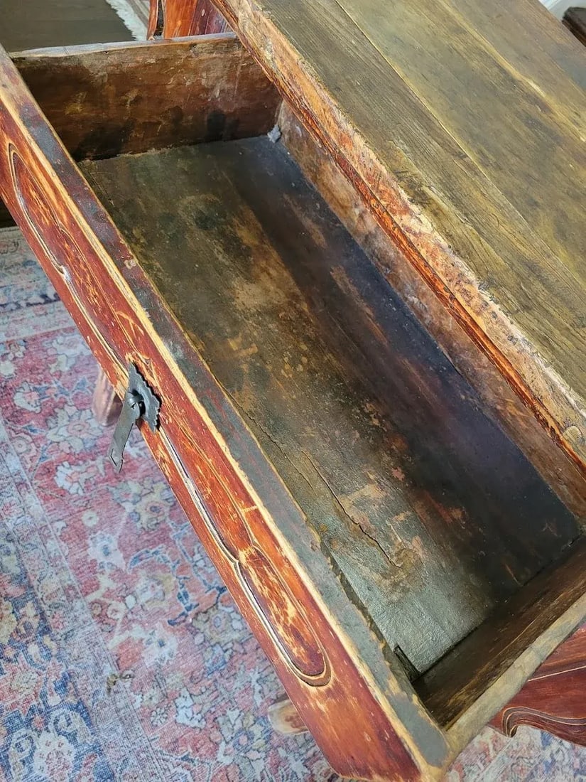 Antique Chinese Red Lacquer Console Table With Hand-Carved Floral Panels, Iron Lock & Collector's - 9