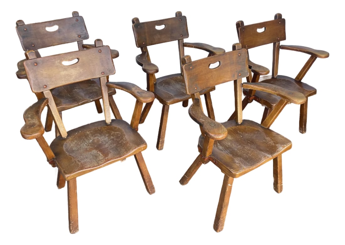 Set of 5 Vintage Monterey Spanish Revival Dining Chairs – Mason Manufacturing, 1930s: A rare and authentic set of five original Monterey Furniture dining chairs, crafted in the Spanish Revival and California Rancho style that defined early 20th-century West Coast design. These