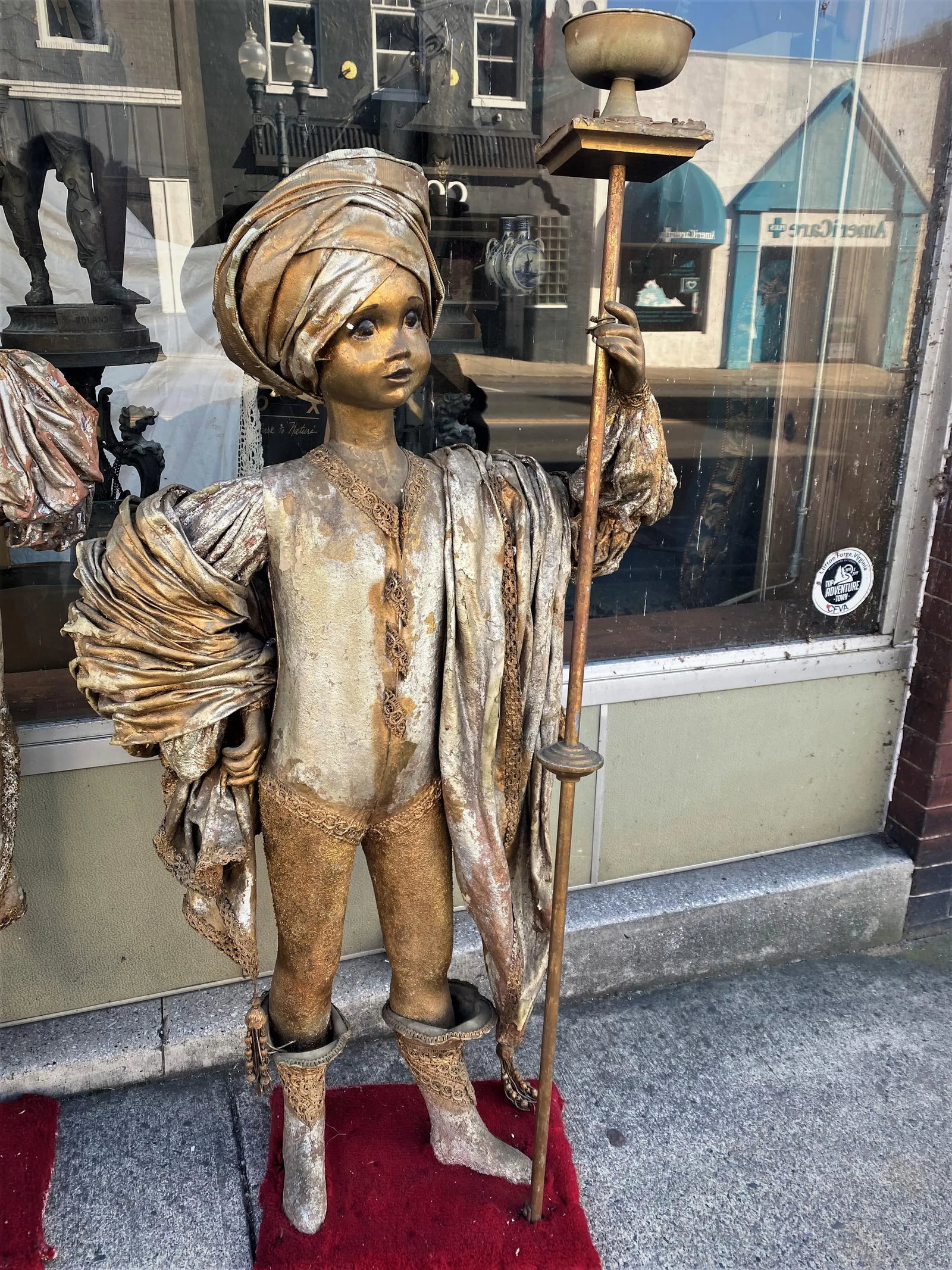 Theatrical Middle Eastern Child Size Figures W/Gold Costumes Turban Torches - A Pair - 2
