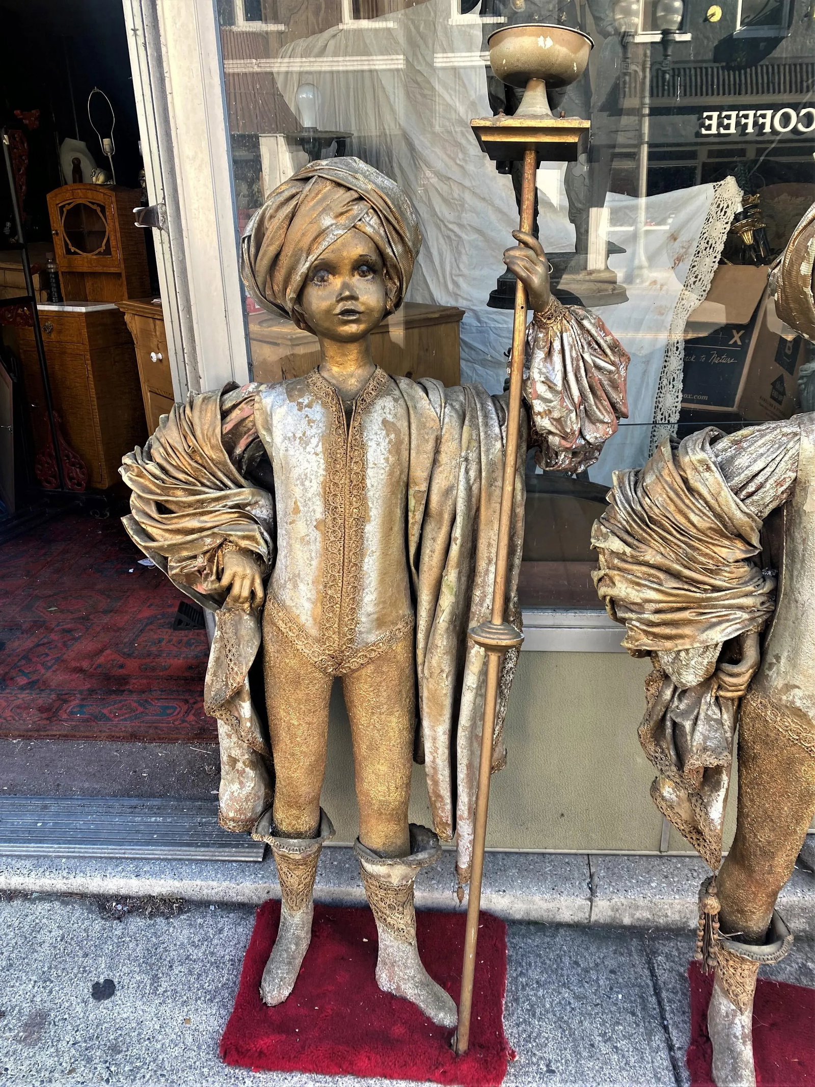Theatrical Middle Eastern Child Size Figures W/Gold Costumes Turban Torches - A Pair - 3