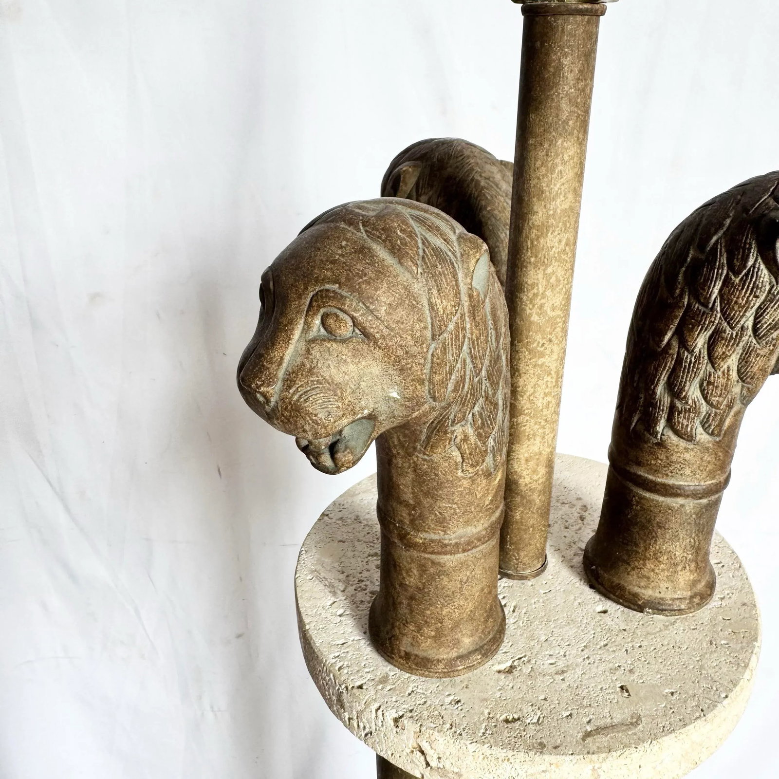 Vintage Postmodern Three Lion Headed Limestone Floor Lamps - A Pair - 10