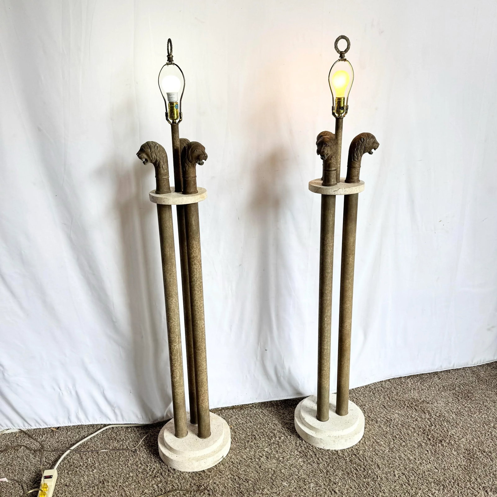 Vintage Postmodern Three Lion Headed Limestone Floor Lamps - A Pair - 2