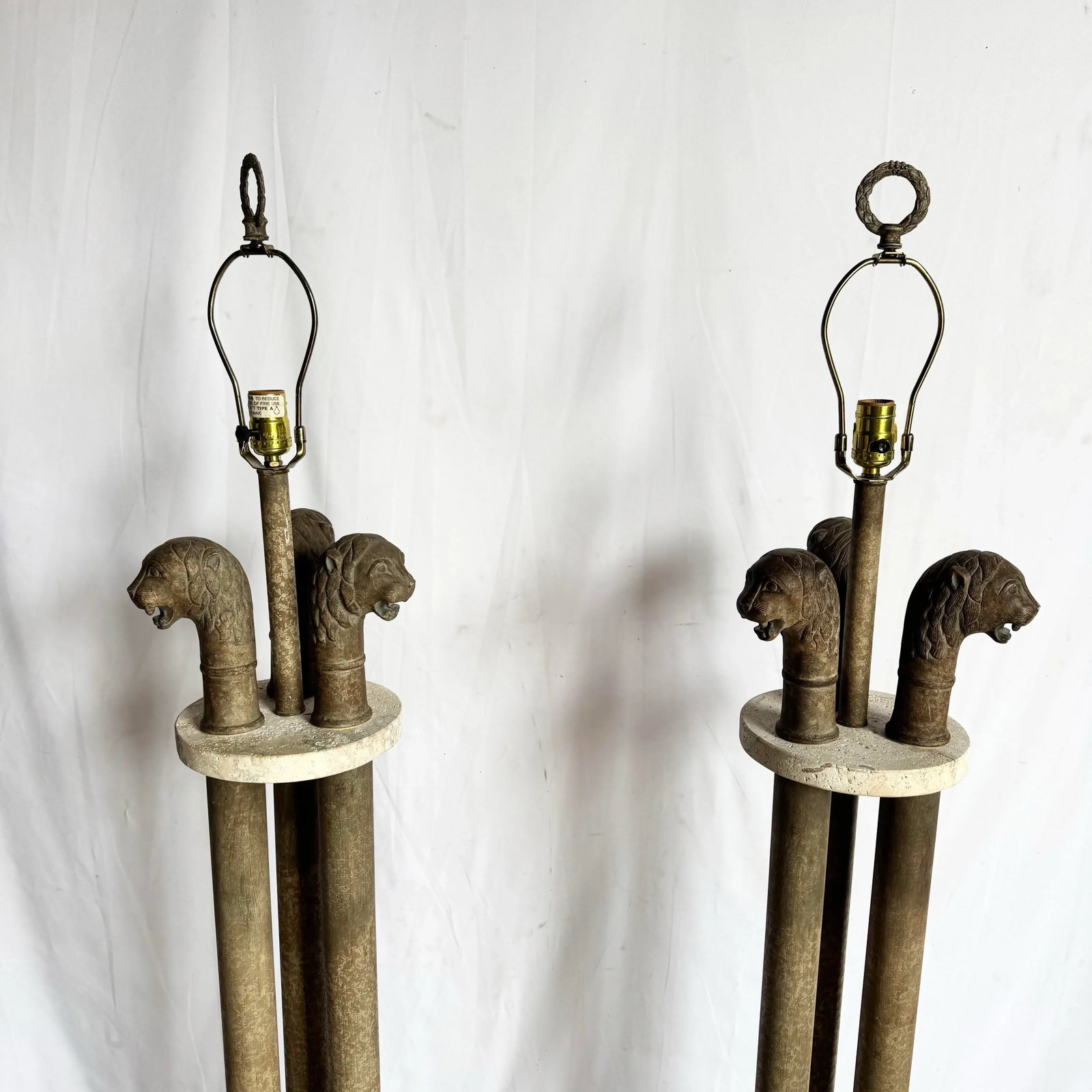 Vintage Postmodern Three Lion Headed Limestone Floor Lamps - A Pair - 3