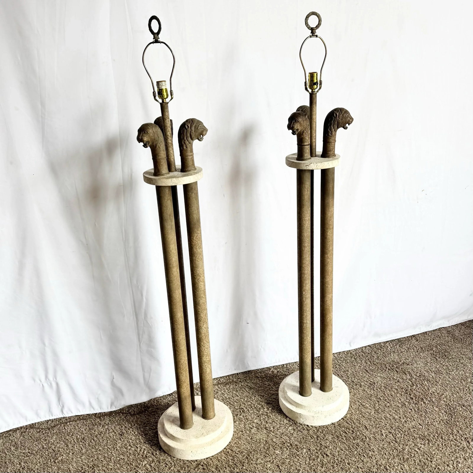 Vintage Postmodern Three Lion Headed Limestone Floor Lamps - A Pair - 5