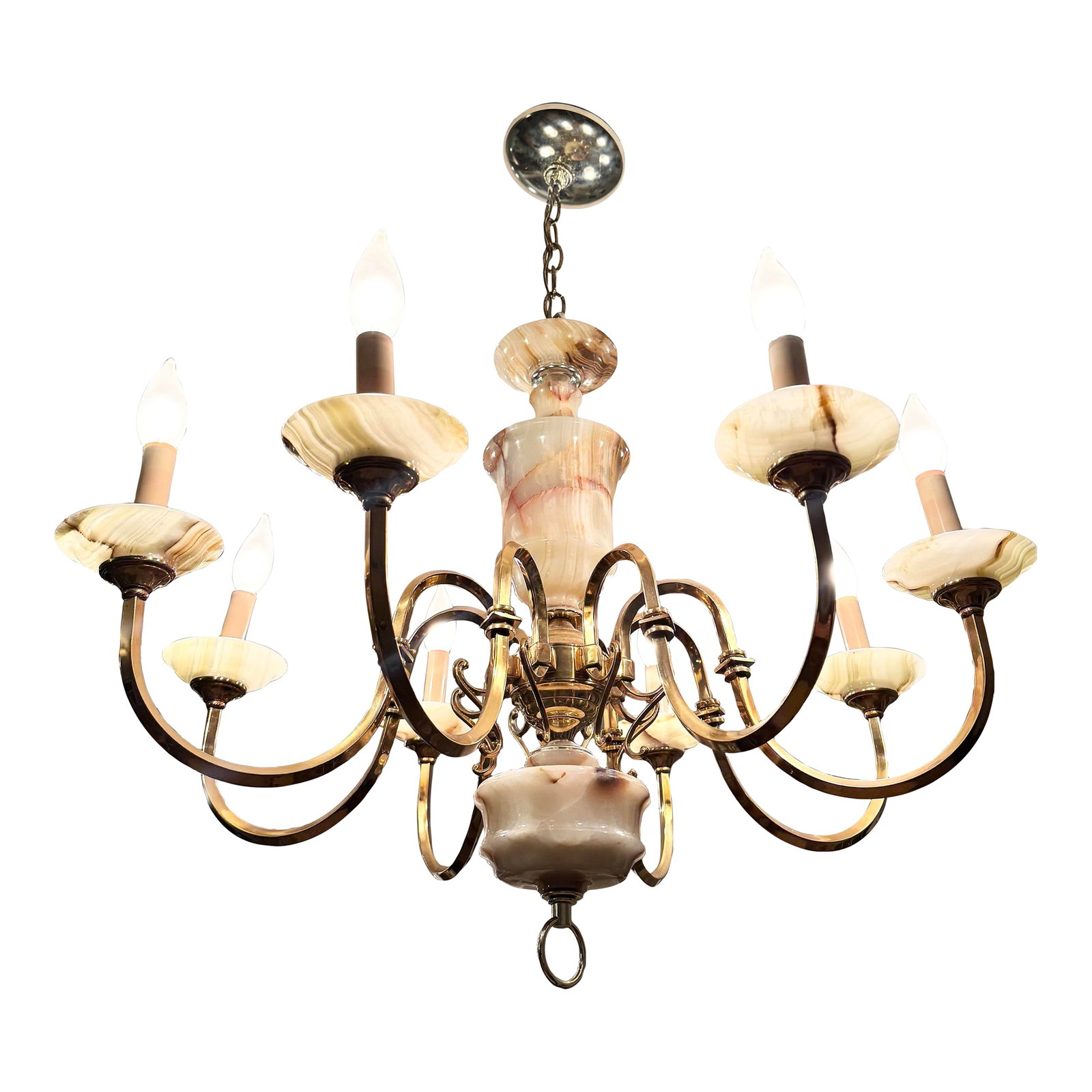 Vintage Georgian Style Green Onyx and Gold Chandelier - 8 Lights: This exquisite vintage Georgian-style chandelier features eight graceful arms adorned with polished brass metal and elegant green onyx accents. The sculpted green onyx column and bobeches display