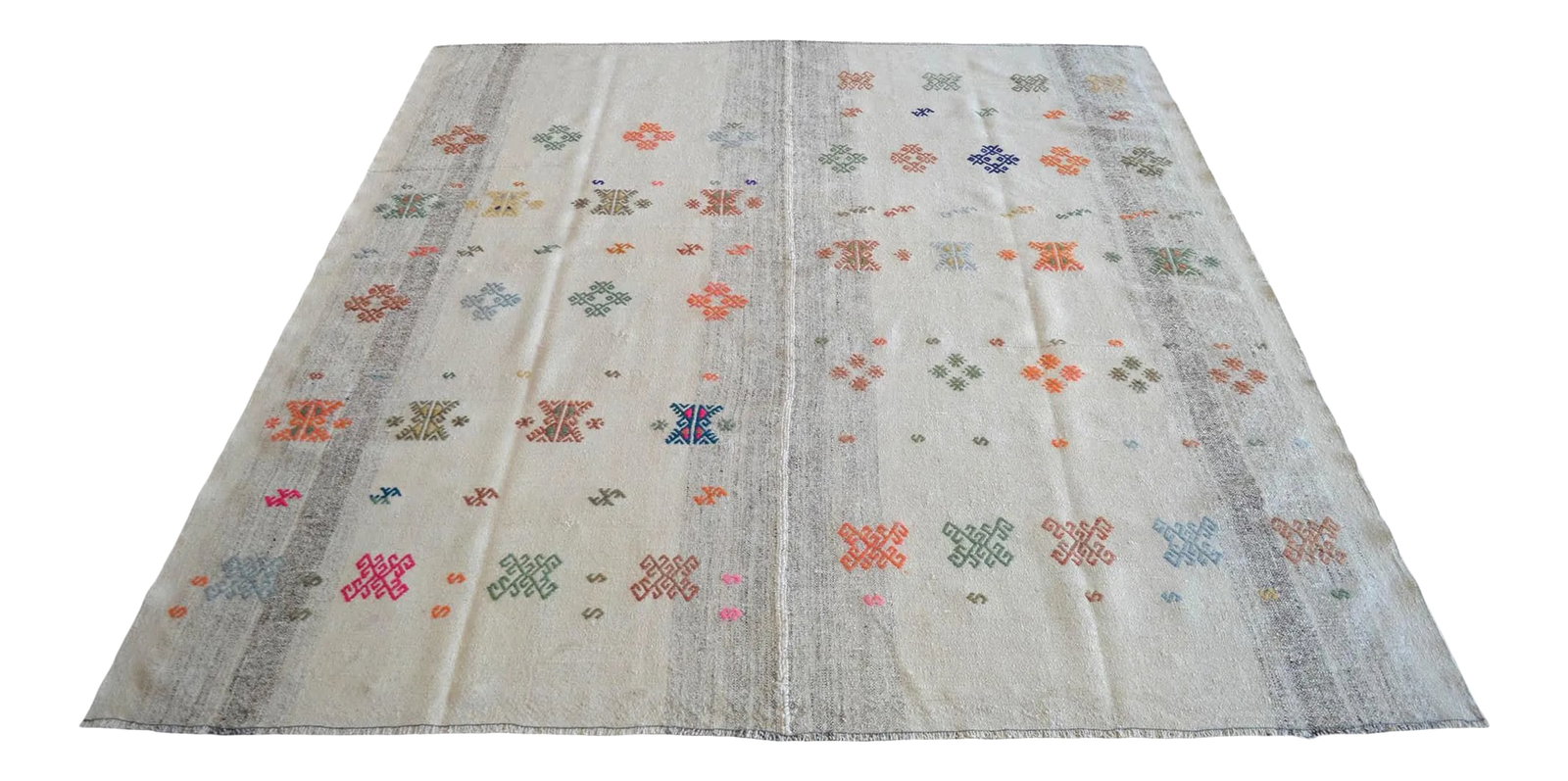 Exceptional Vintage 1950s Turkish Rug Kilim With Jajim Embroidered Handmade Kilim 5'10" X 6'9": This exceptional mid-century Sofreh kilim from Central Anatolia represents an authentic artifact of Turkish village utility elevated to fine textile art. Handwoven in the 1950s, the piece utilizes an