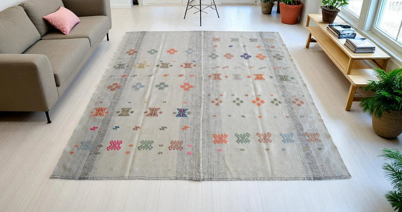 Exceptional Vintage 1950s Turkish Rug Kilim With Jajim Embroidered Handmade Kilim 5'10" X 6'9" - 3