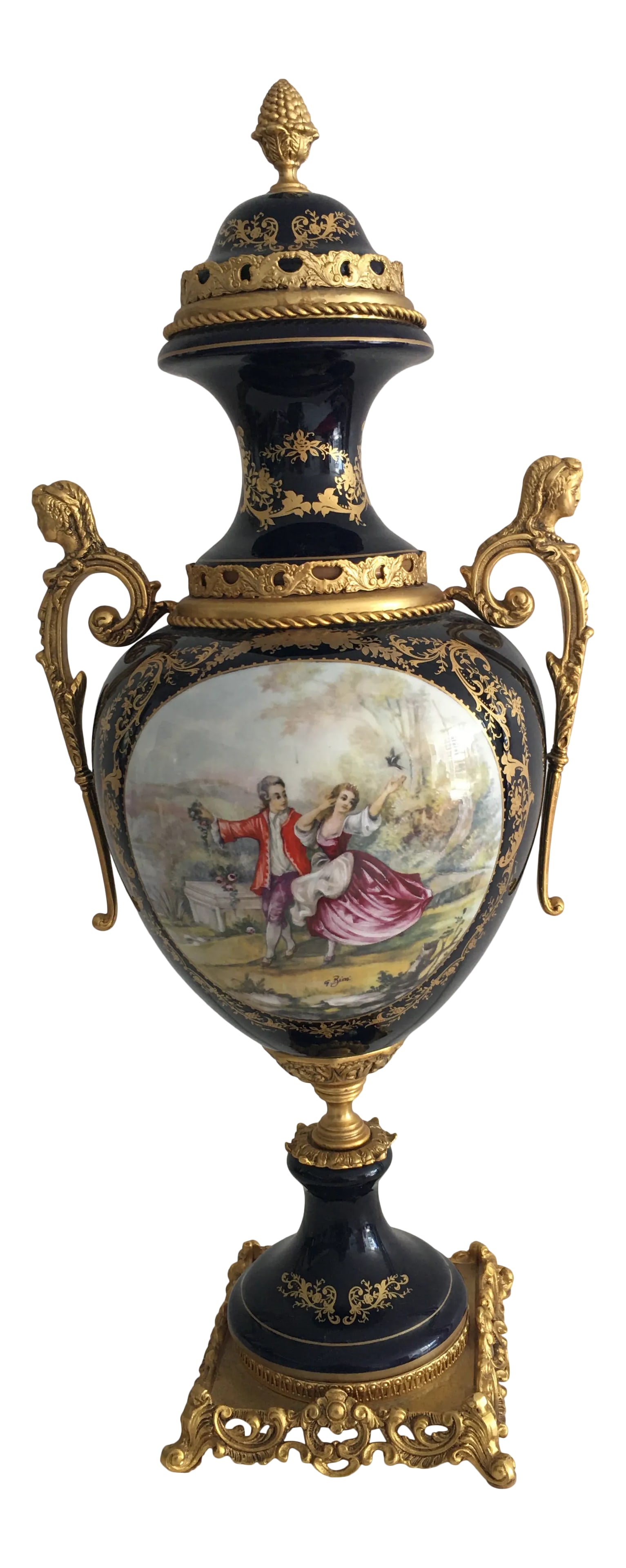 Late 19th Century Acf Victorian Romantic French Porcelain Gilt Vase: 24" tall ACF Victorian Romantic French porcelain gilt metal décor de serves imperial cobalt blue vase. This is one from set of two large ACF marked porcelain Vase / Urn. Serves style lidded