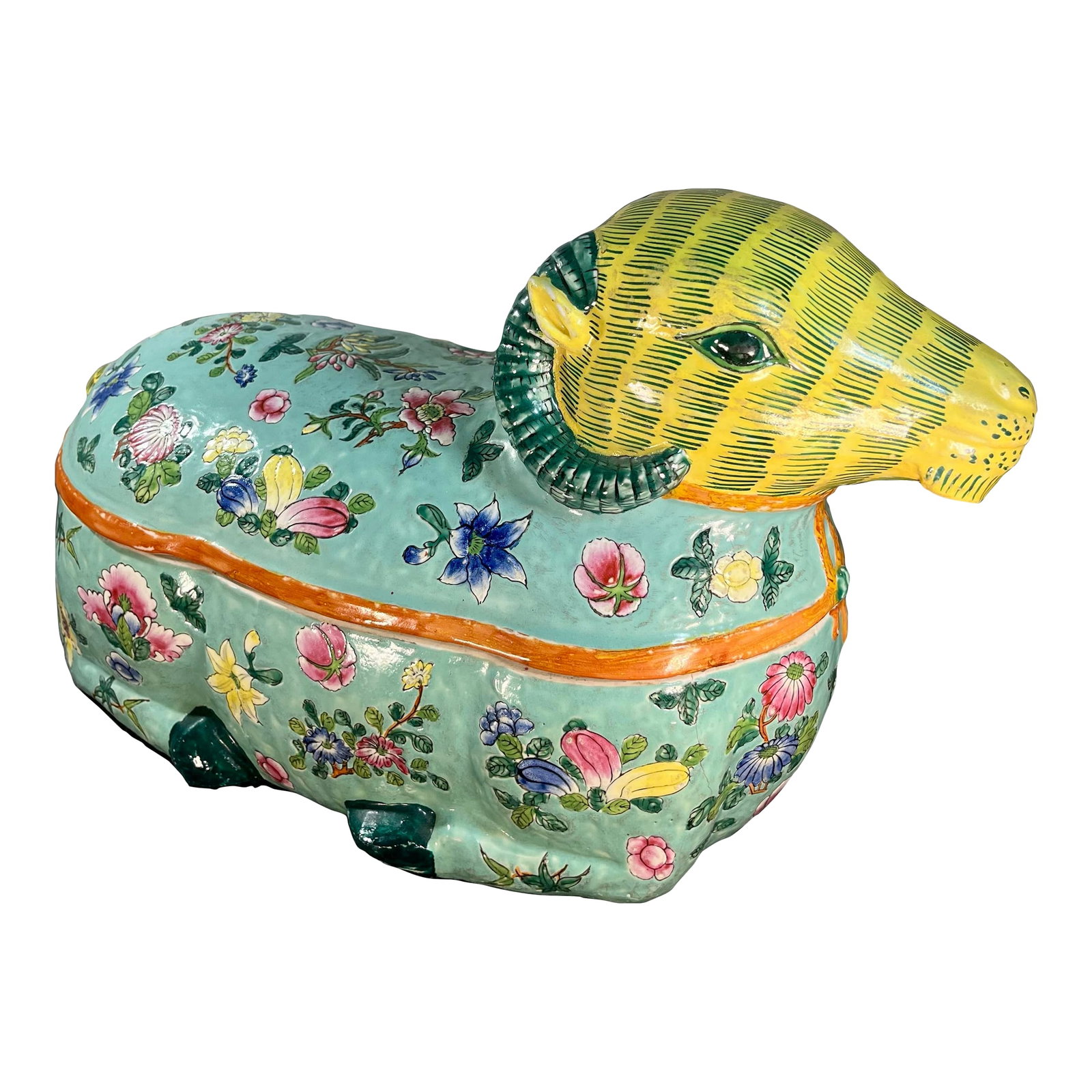 Early 20th Century Chinese Enameled Porcelain Lidded Ram Tureen: Beautiful detail with a light green/blue body and a floral motif throughout. I love how the Ram's head and tail pop with yellow and the horns and hooves are accented in green with an orange bow tied