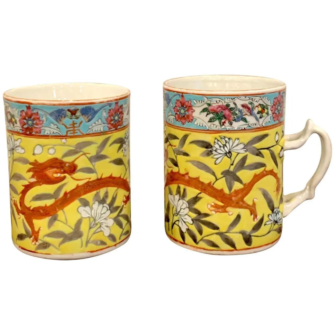 19th Century Chinese Export Famille Verte Yellow Dragon Motif Mugs - a Pair - 11