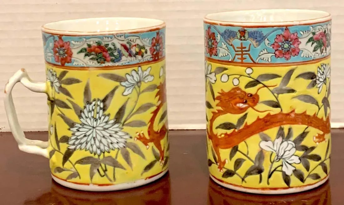 19th Century Chinese Export Famille Verte Yellow Dragon Motif Mugs - a Pair - 2