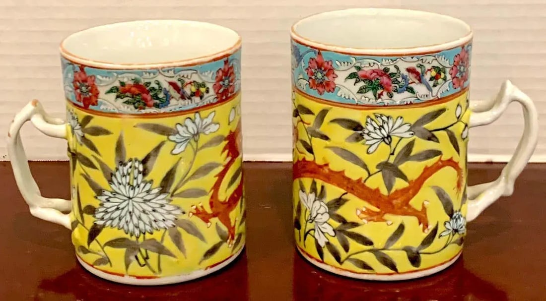 19th Century Chinese Export Famille Verte Yellow Dragon Motif Mugs - a Pair - 6