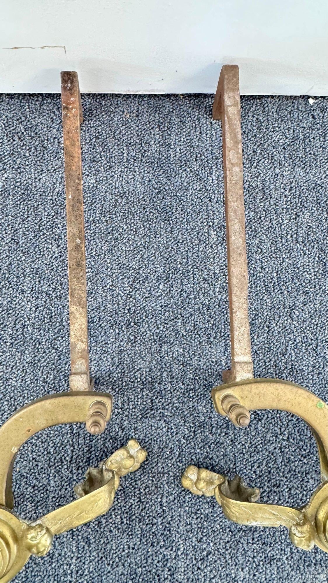 Pair of Antique Early 20th Century Empire Brass Cast Iron Andirond With Lion Face on Base, Spiral Tw - 2