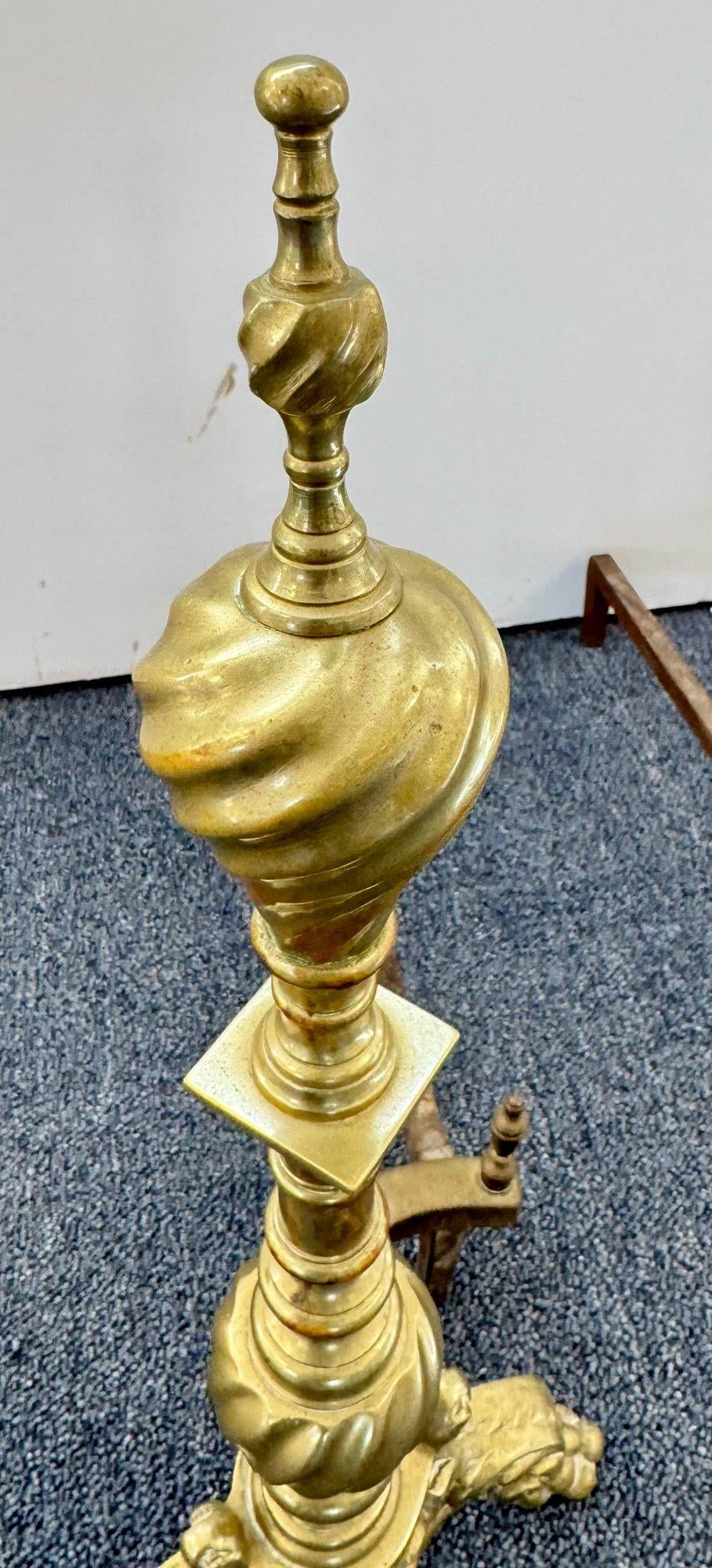 Pair of Antique Early 20th Century Empire Brass Cast Iron Andirond With Lion Face on Base, Spiral Tw - 4