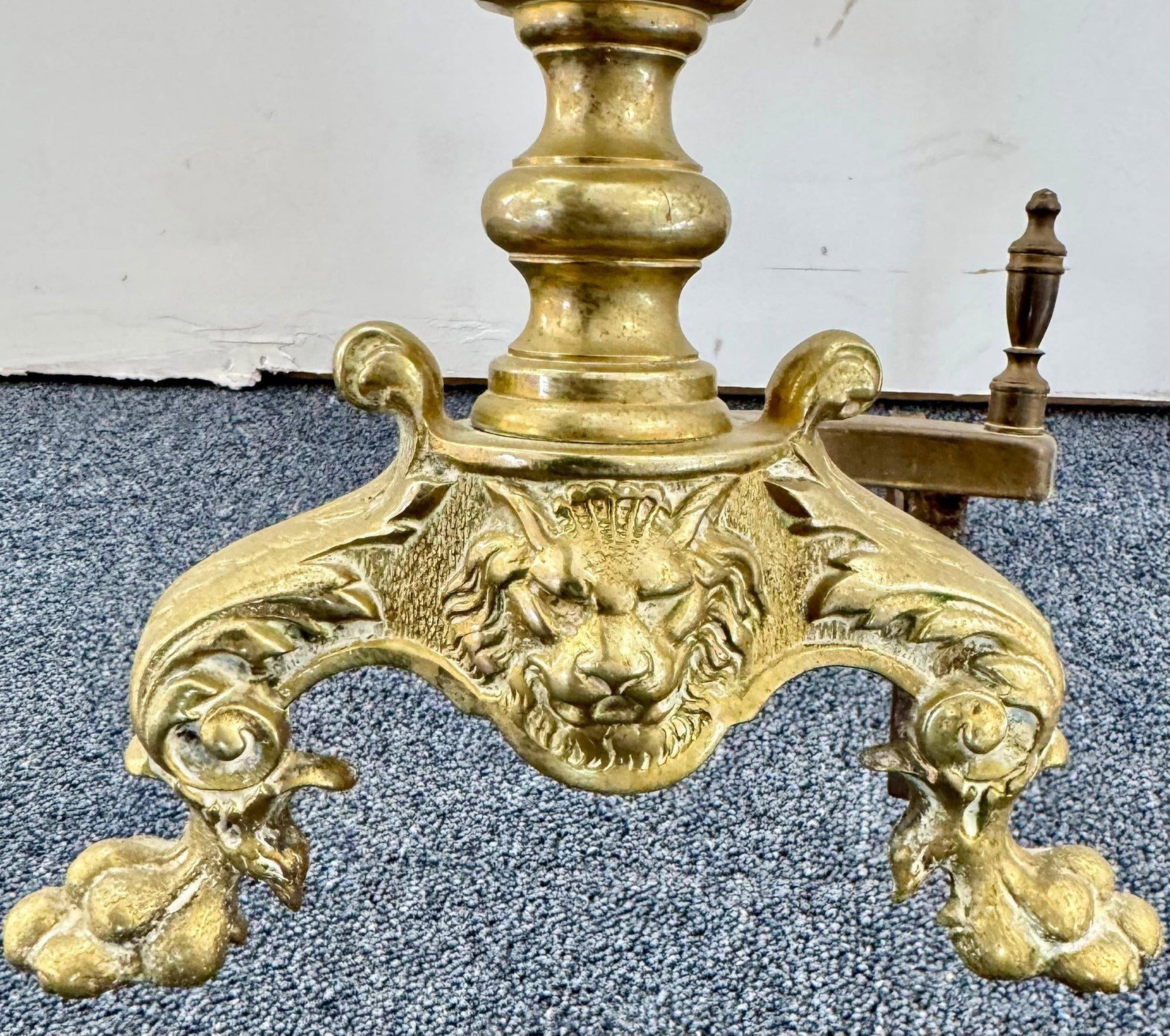 Pair of Antique Early 20th Century Empire Brass Cast Iron Andirond With Lion Face on Base, Spiral Tw - 5