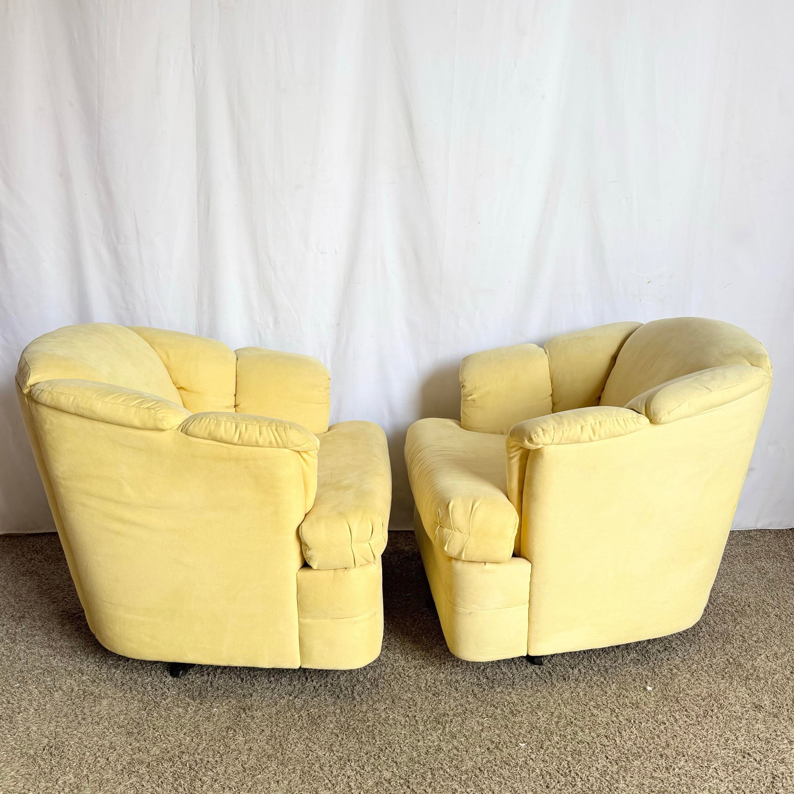 Vintage Postmodern Yellow Fabric Swivel Chairs - Pair - 2