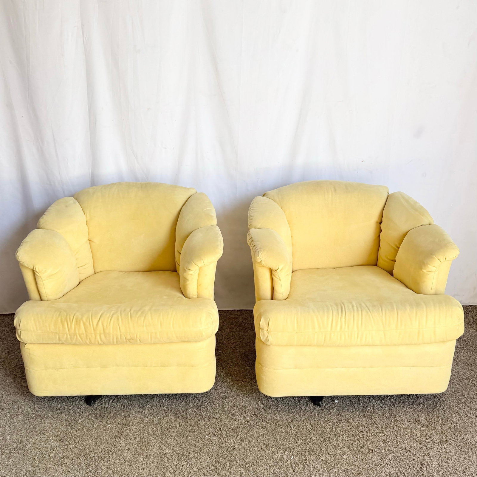 Vintage Postmodern Yellow Fabric Swivel Chairs - Pair - 3