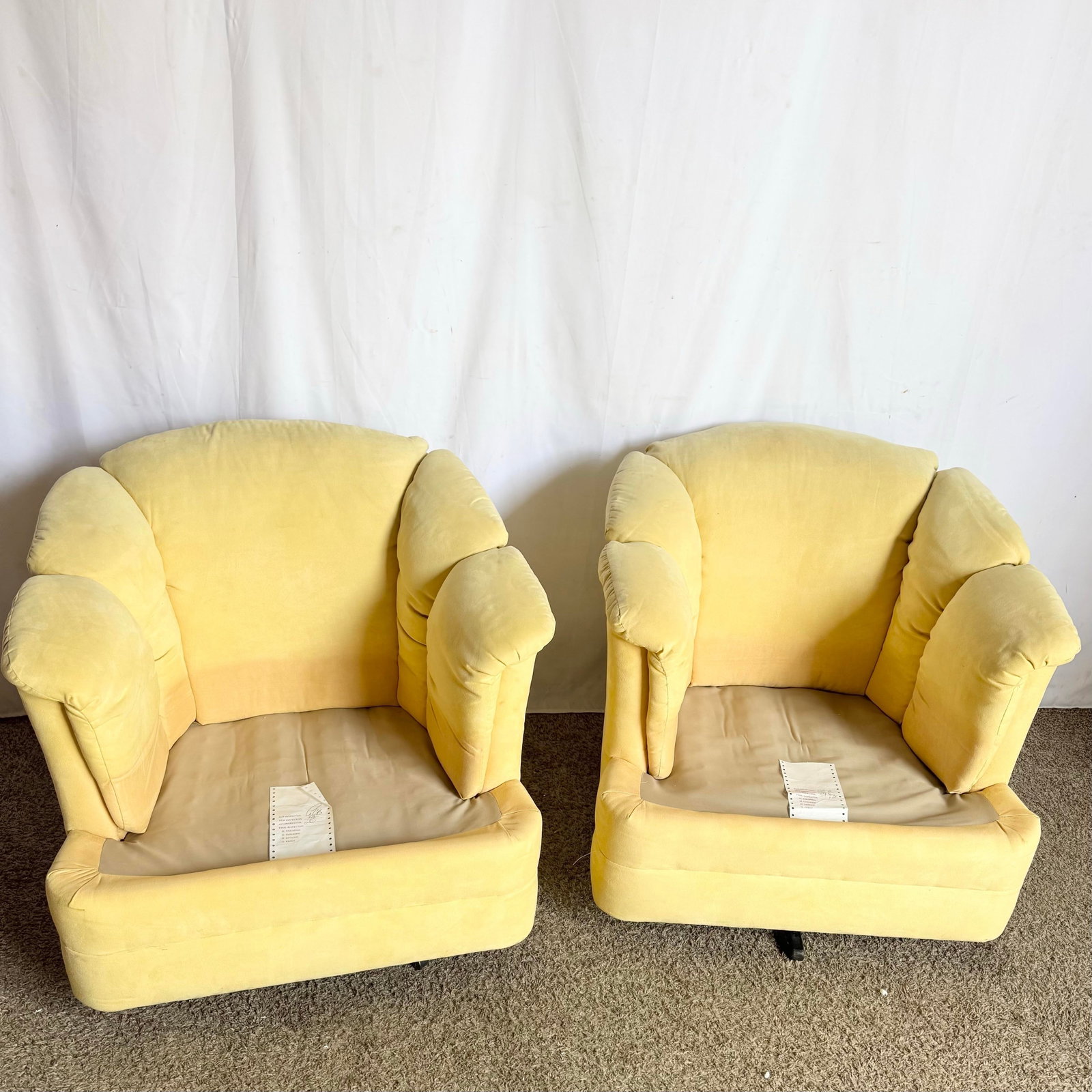 Vintage Postmodern Yellow Fabric Swivel Chairs - Pair - 4