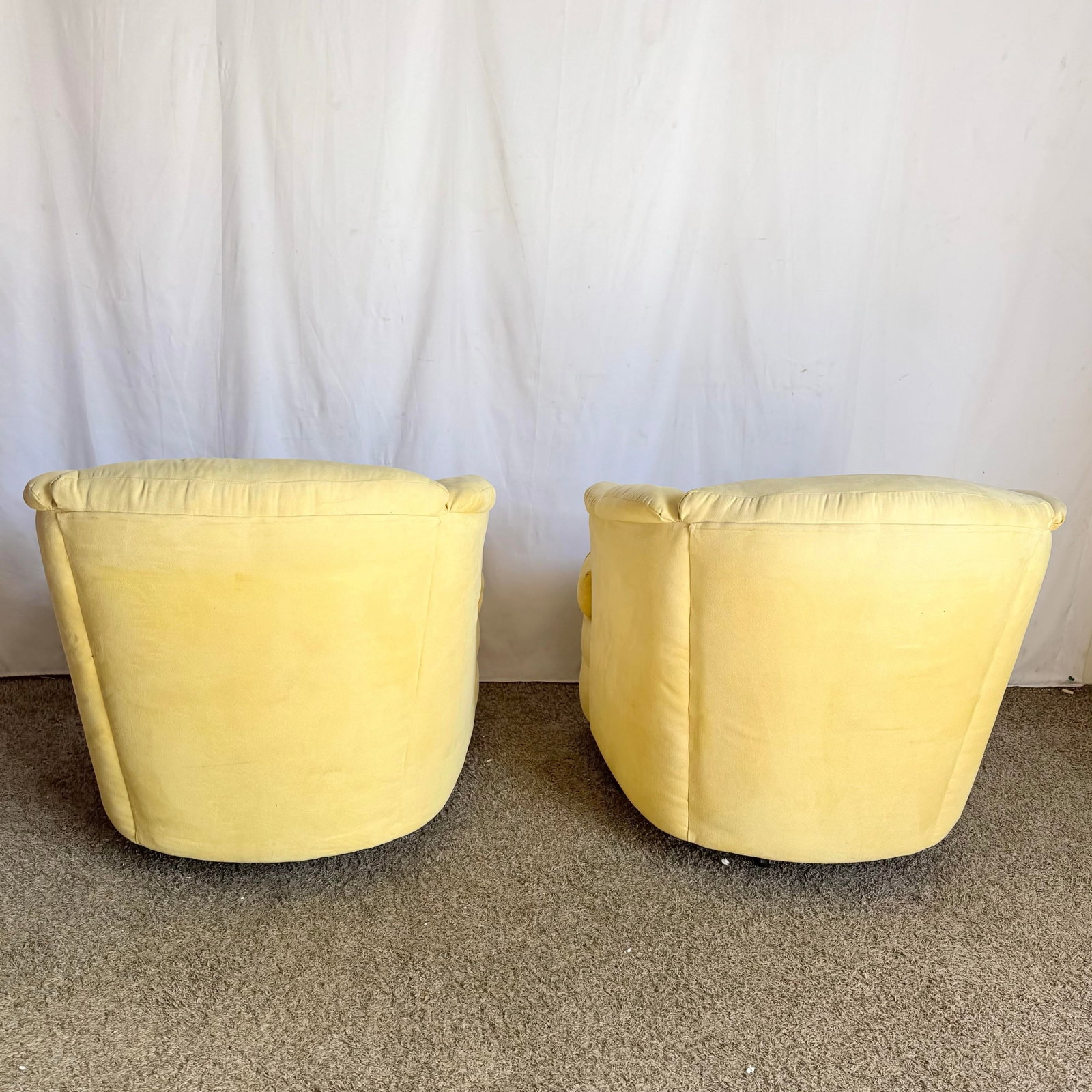 Vintage Postmodern Yellow Fabric Swivel Chairs - Pair - 5