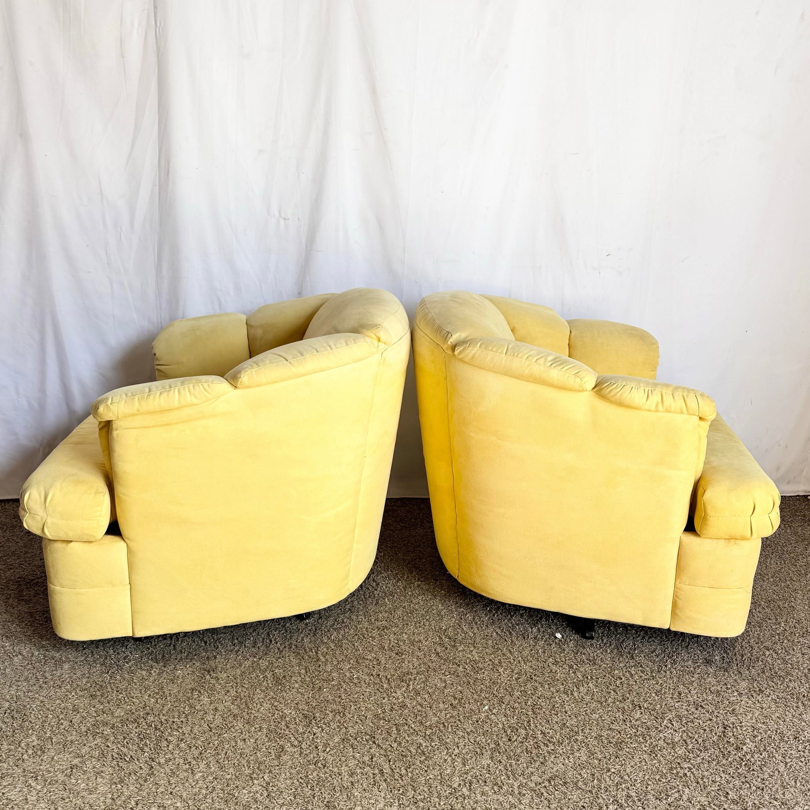 Vintage Postmodern Yellow Fabric Swivel Chairs - Pair - 6