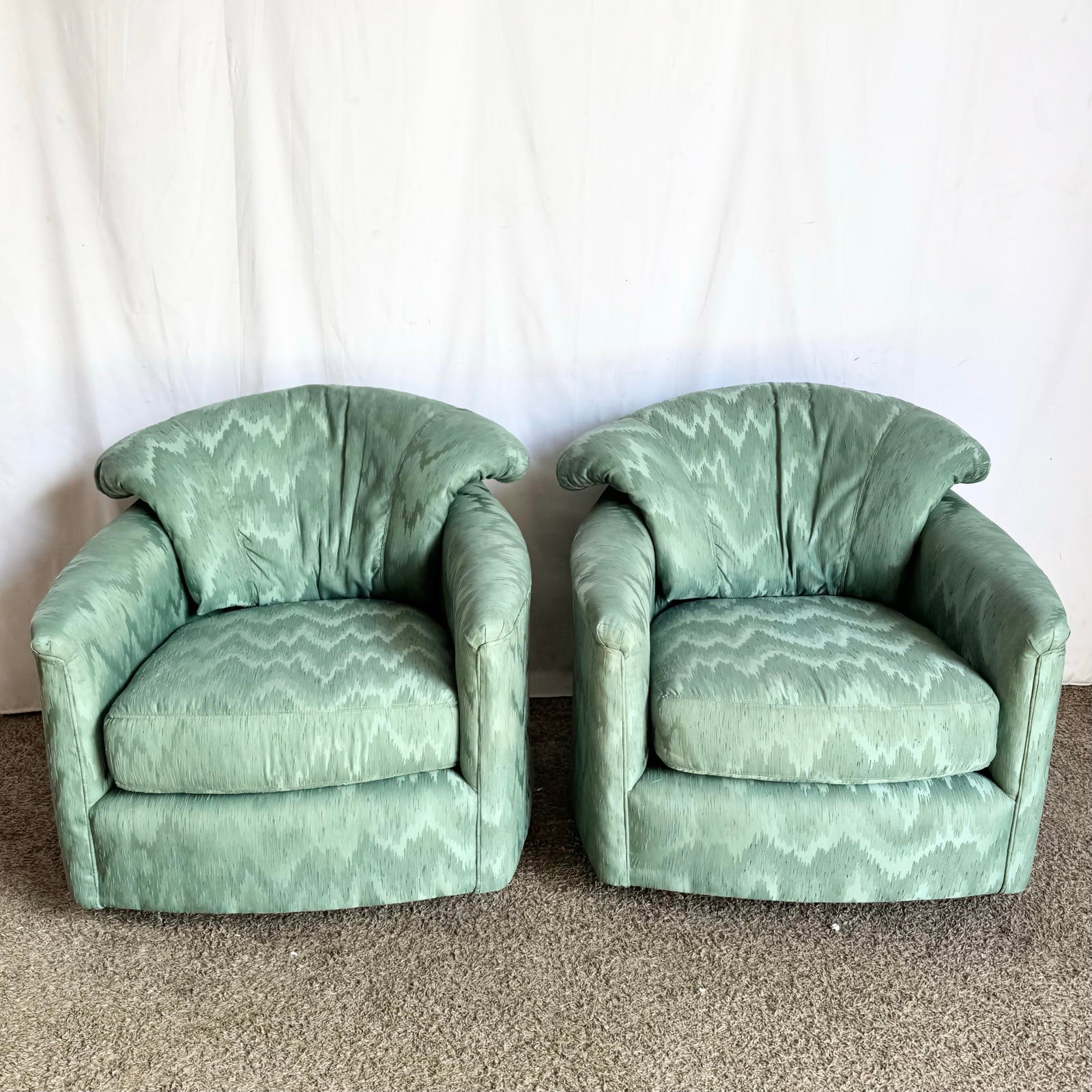 Postmodern Turquoise Fabric Swivel Lounge Chairs - A Pair - 2