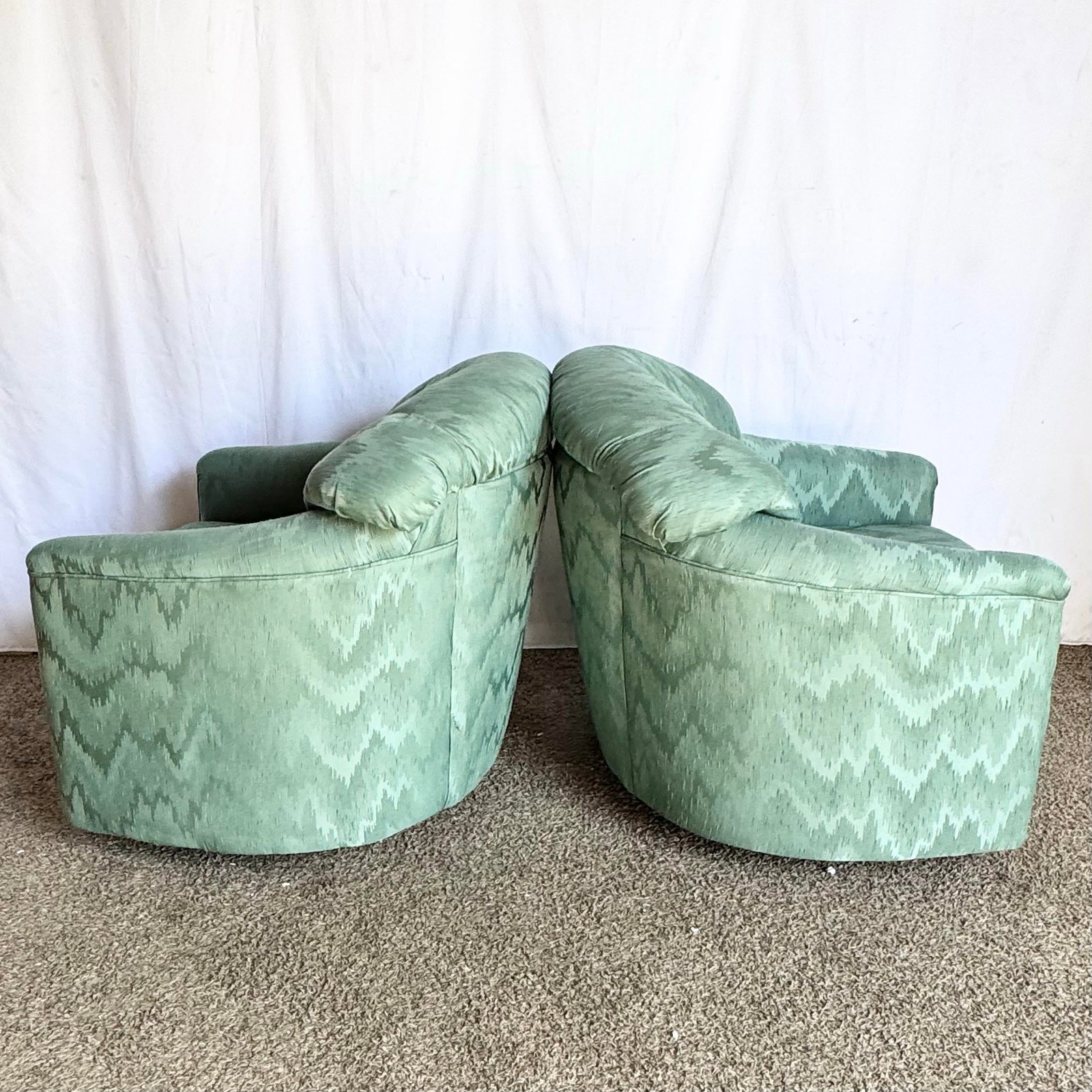 Postmodern Turquoise Fabric Swivel Lounge Chairs - A Pair - 3