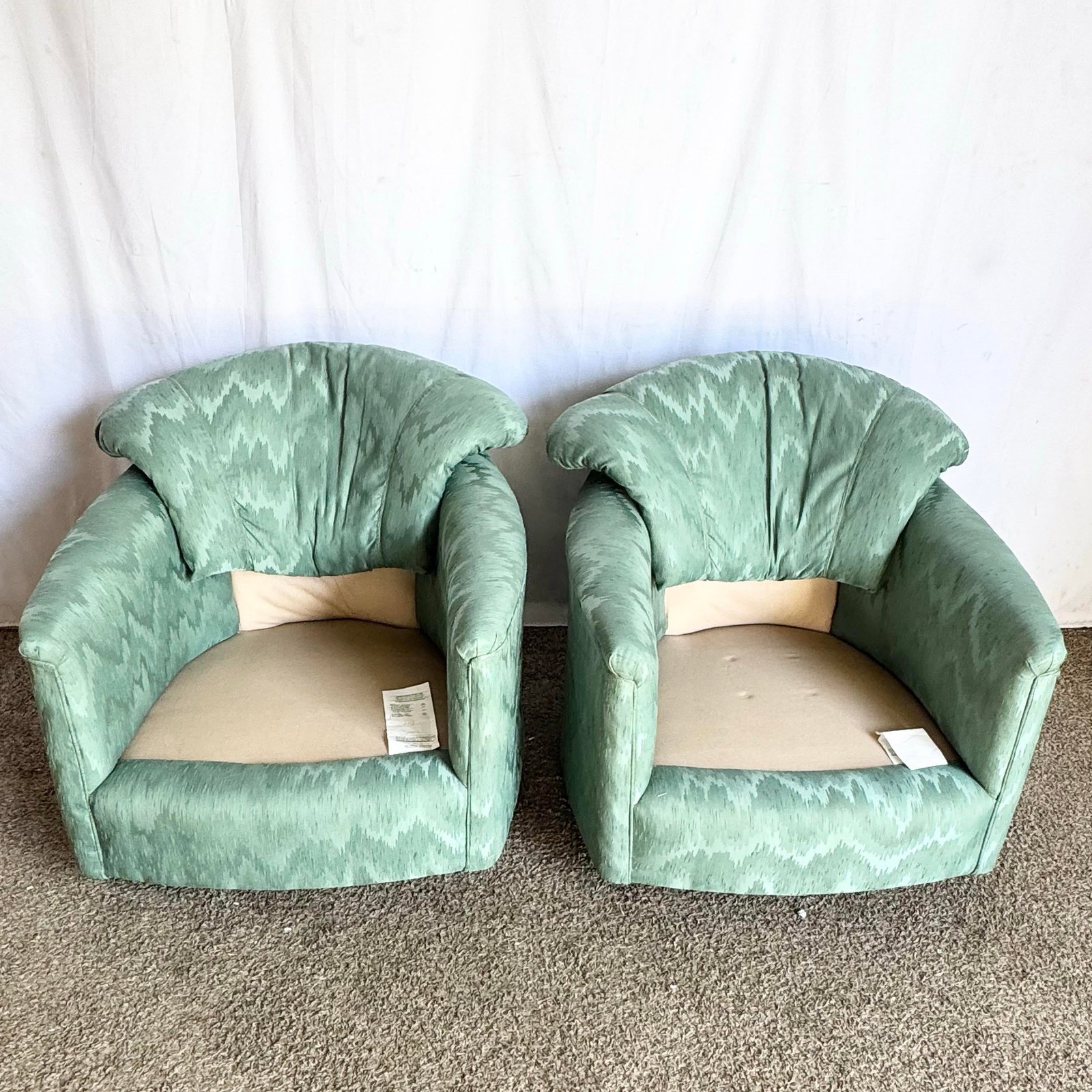 Postmodern Turquoise Fabric Swivel Lounge Chairs - A Pair - 6