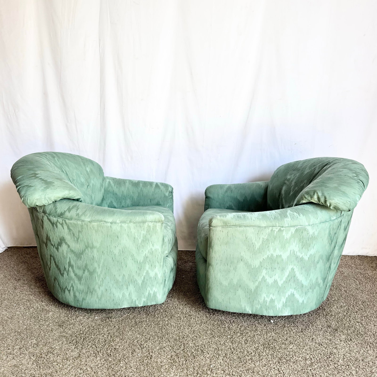 Postmodern Turquoise Fabric Swivel Lounge Chairs - A Pair - 7