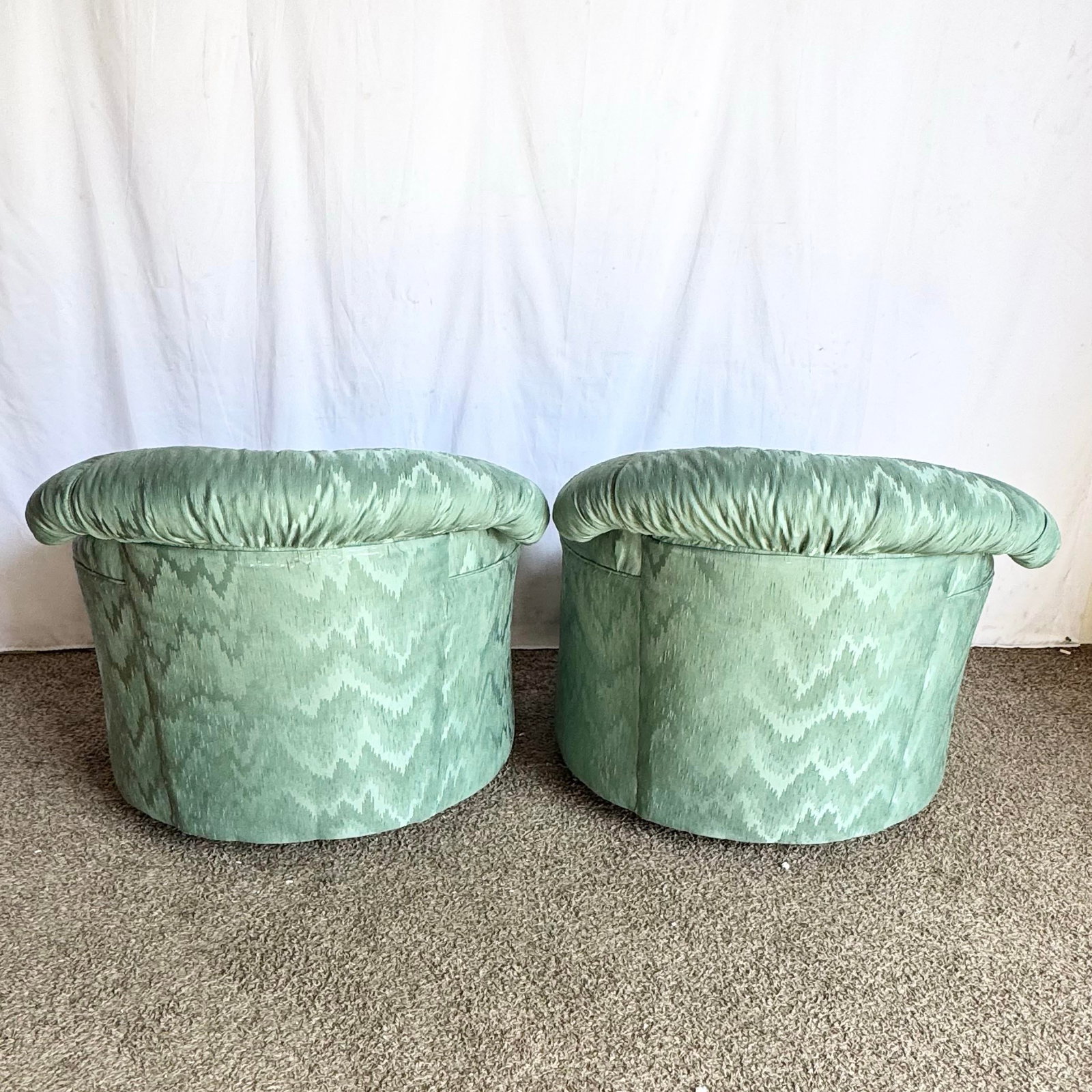 Postmodern Turquoise Fabric Swivel Lounge Chairs - A Pair - 8