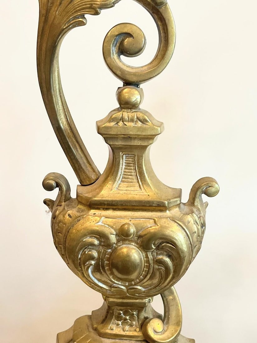 Beautiful Pair of Vintage French Baroque Brass Fireplace Andirons With Ewer Style Finial Design - 2