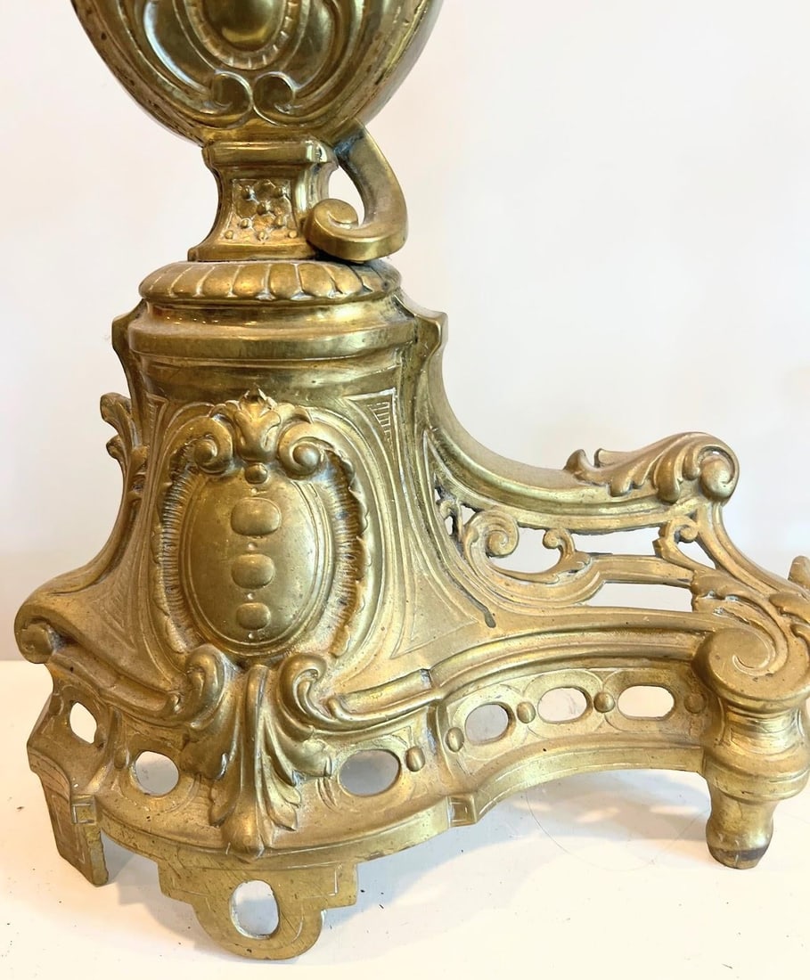 Beautiful Pair of Vintage French Baroque Brass Fireplace Andirons With Ewer Style Finial Design - 3
